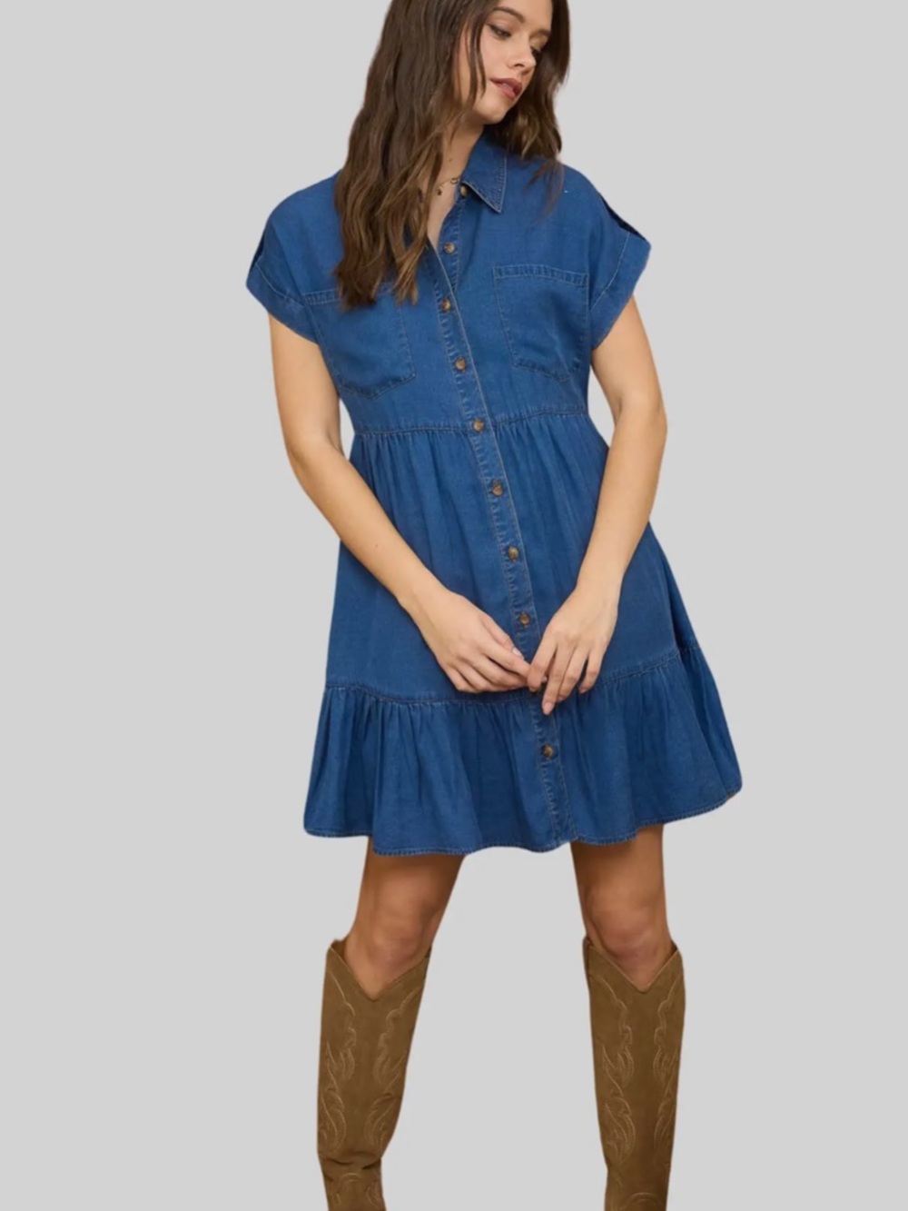 Blu Pepper Chambray Short Sleeve Tiered Shirtdress Size M